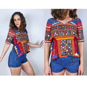 vintage COLORFUL Embroidered MIRRORED TOP xs/s tunic shirt India Kutchi Banjara